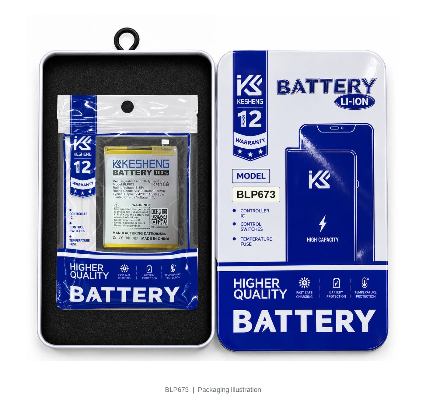 BLP673 battery in an open KESHENG package beside its lid; packaging illustration