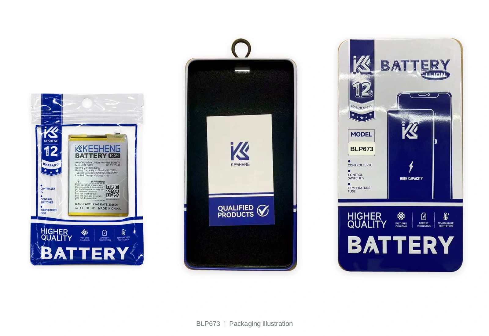 BLP673 battery pouch, tin, lid and insert card; packaging illustration, not third-party certification