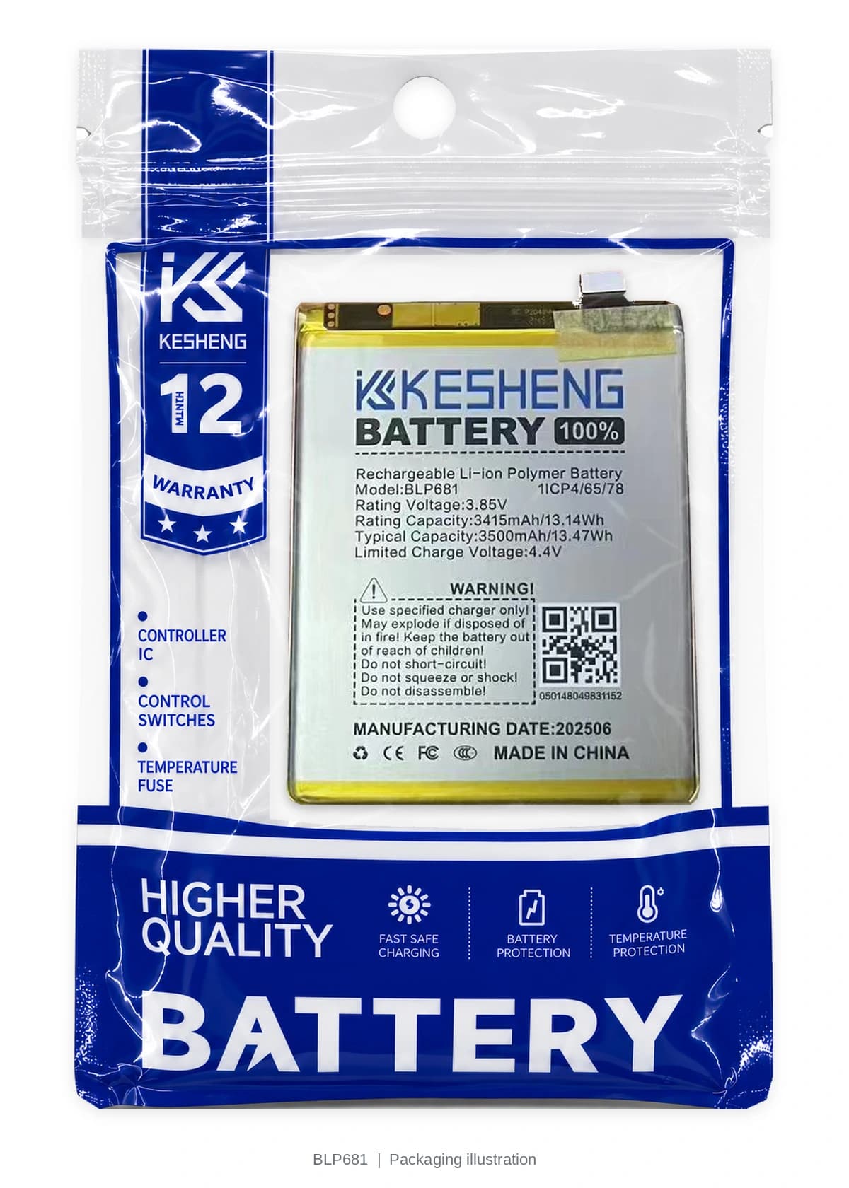 BLP681 battery in a transparent KESHENG pouch; packaging illustration