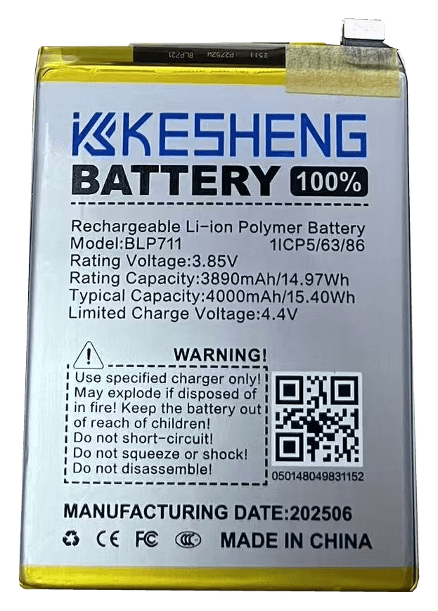 BLP711 battery, source photograph with transparent background; original printed label, connector and tape retained.