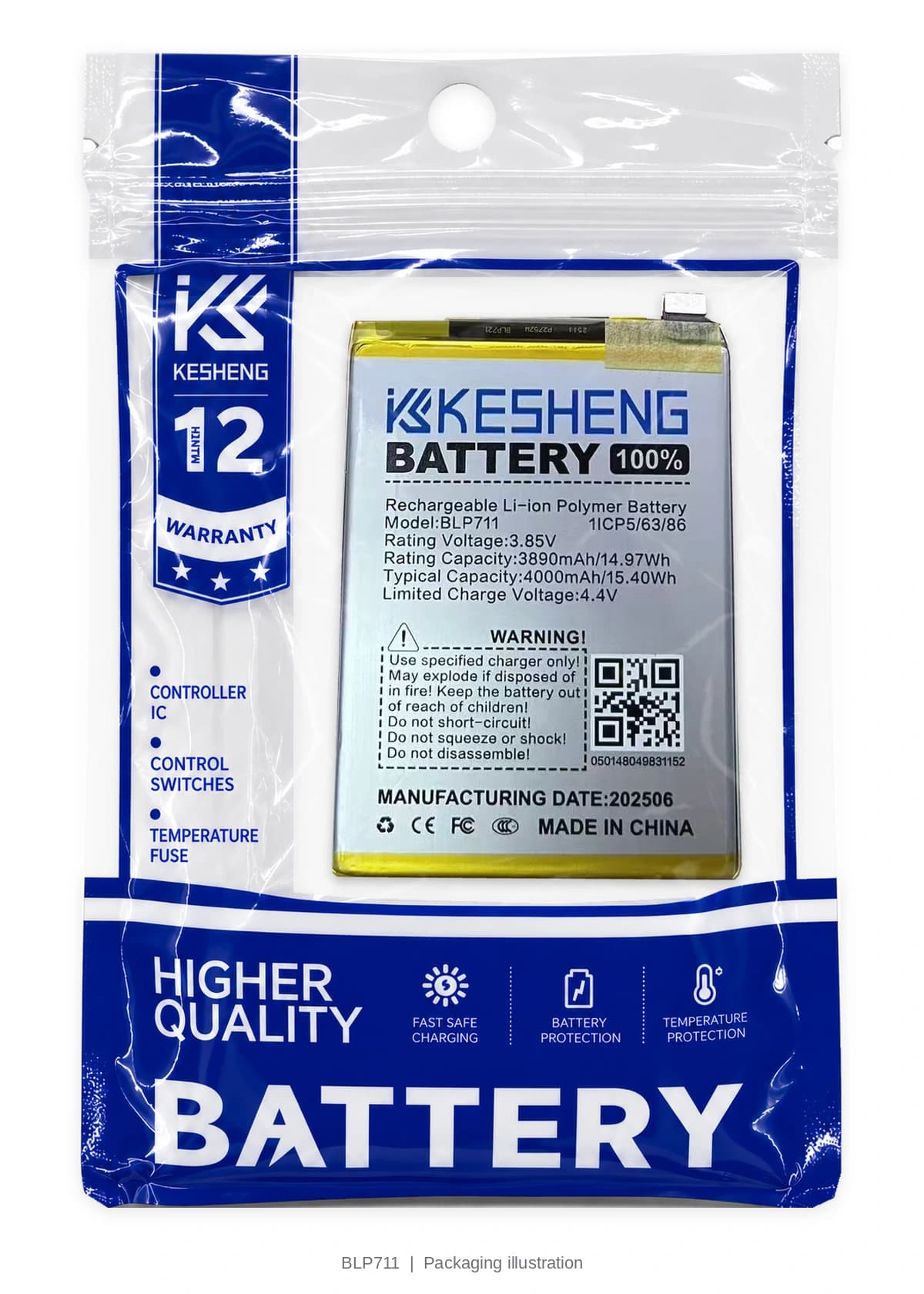 BLP711 battery in a transparent KESHENG pouch; packaging illustration