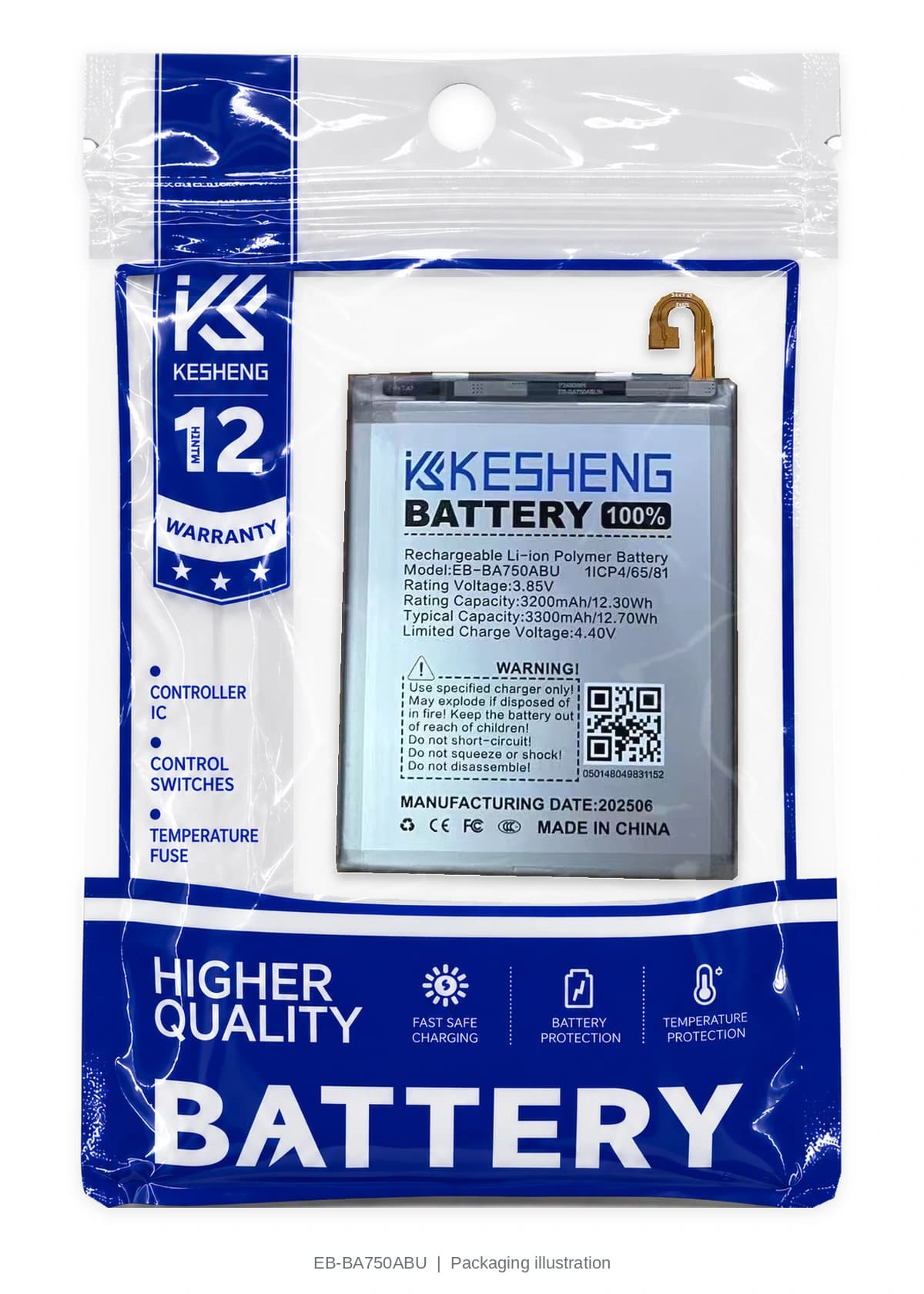 EB-BA750ABU battery in a transparent KESHENG pouch; packaging illustration