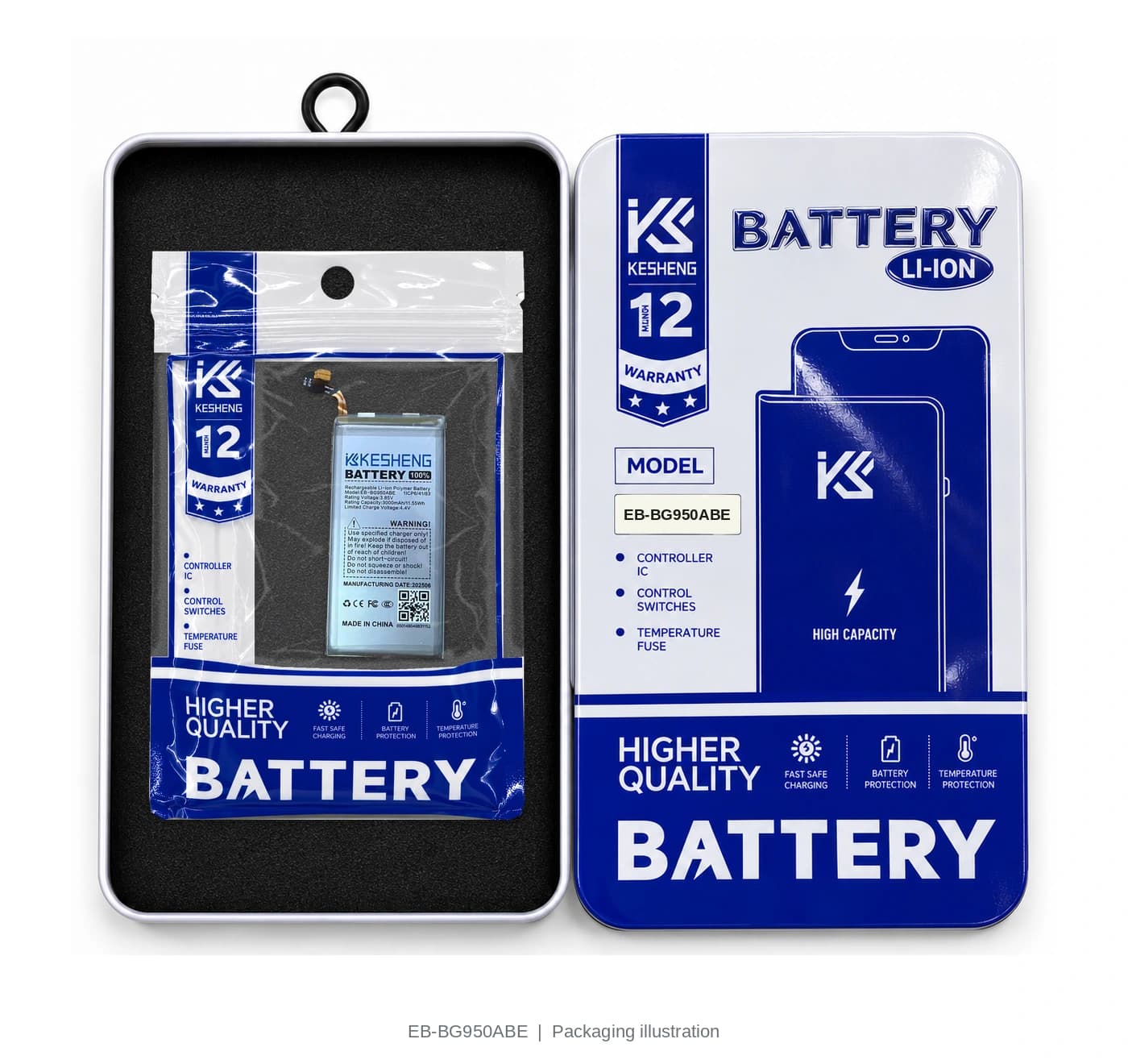 EB-BG950ABE battery in an open KESHENG package beside its lid; packaging illustration