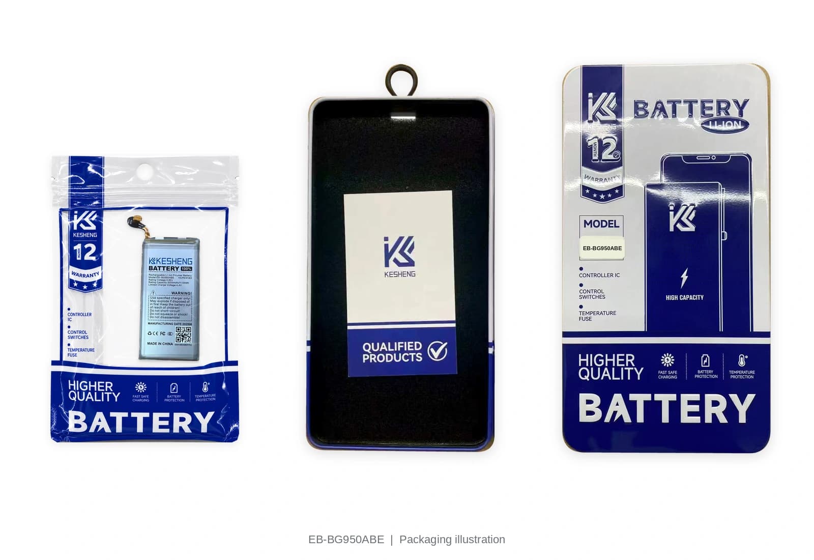 EB-BG950ABE battery pouch, tin, lid and insert card; packaging illustration, not third-party certification