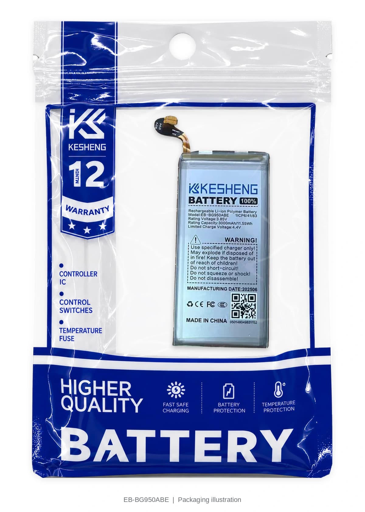 EB-BG950ABE battery in a transparent KESHENG pouch; packaging illustration