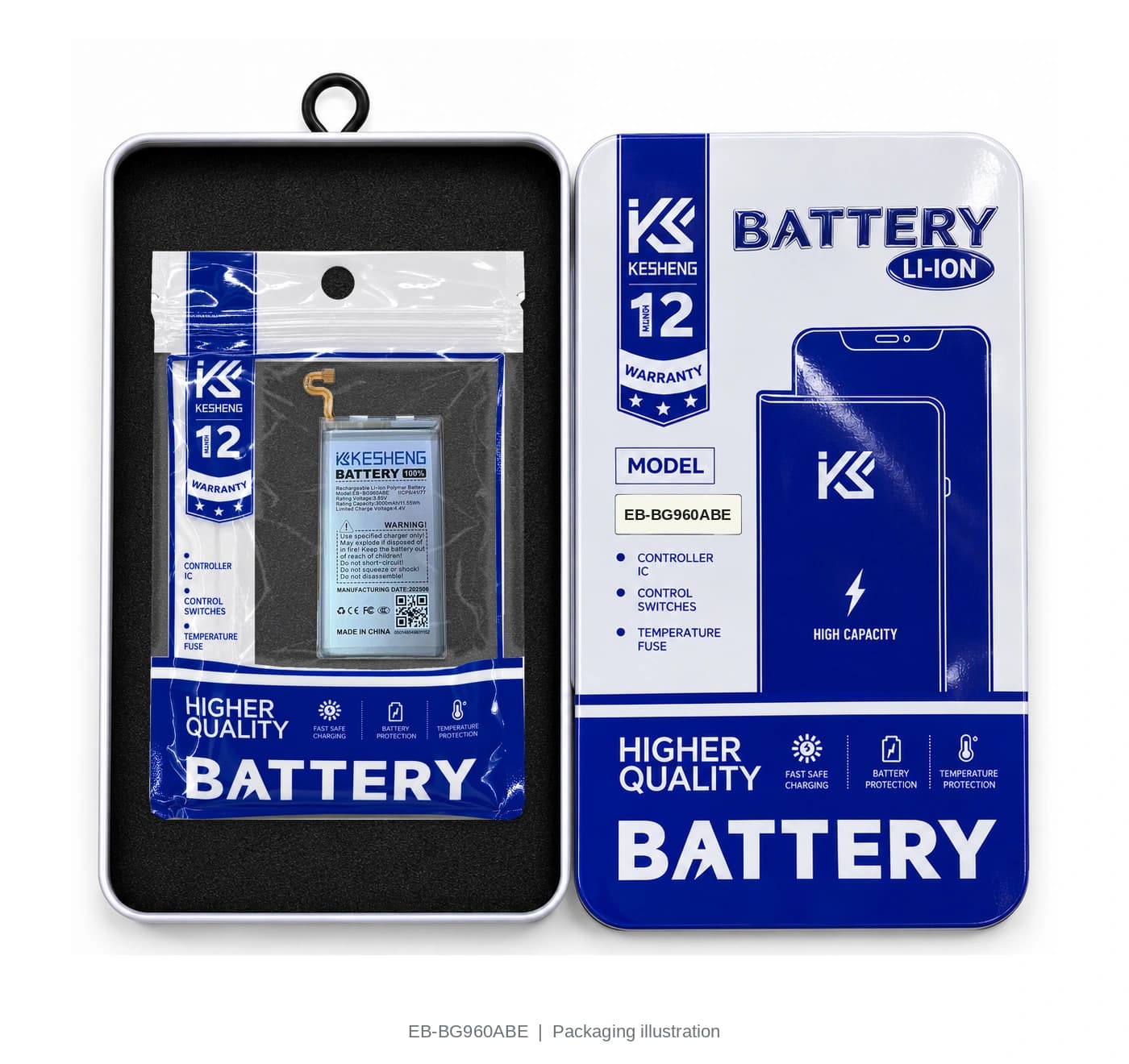 EB-BG960ABE battery in an open KESHENG package beside its lid; packaging illustration