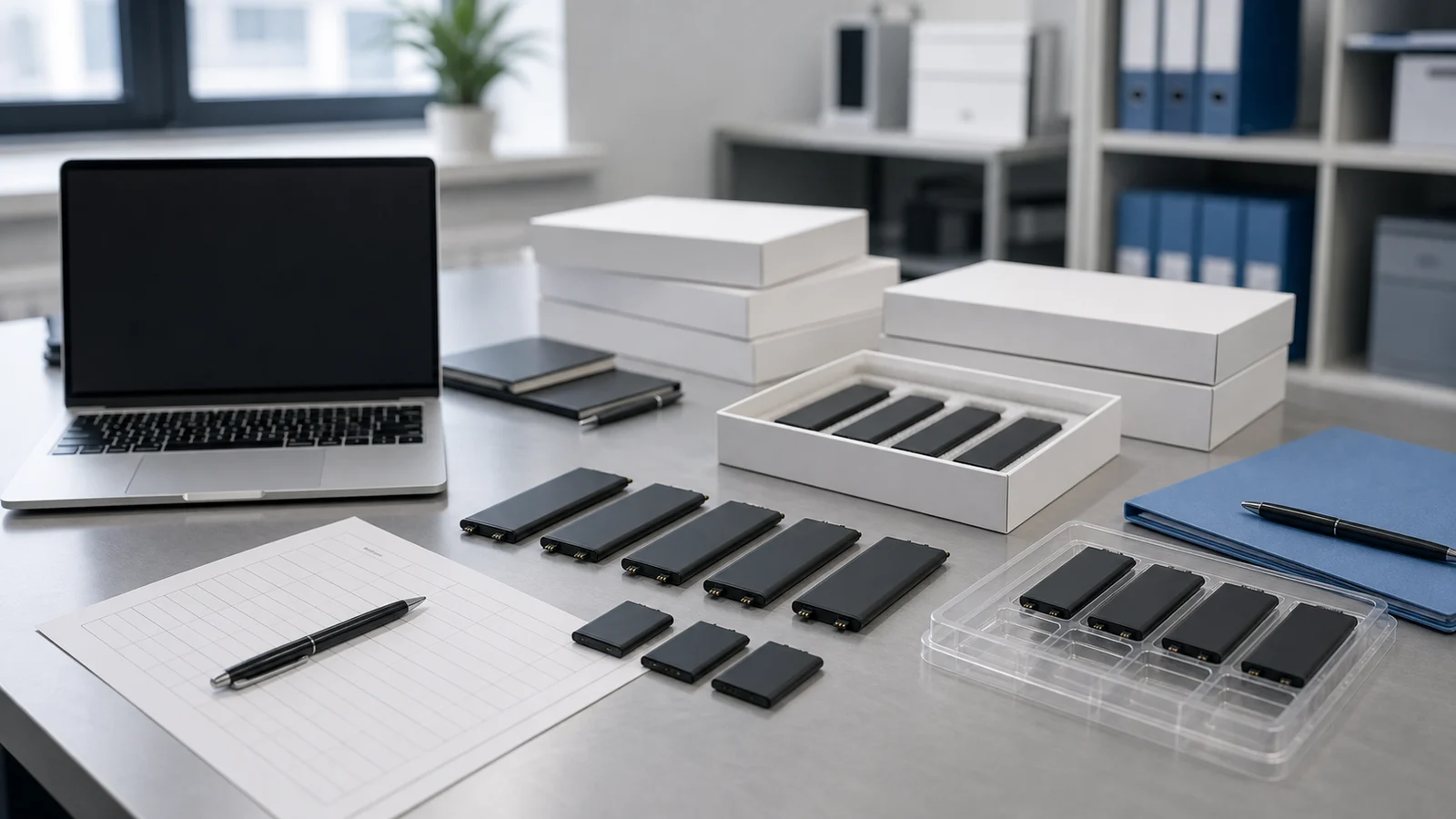 Premium B2B buying guide workspace with generic replacement mobile phone battery samples
