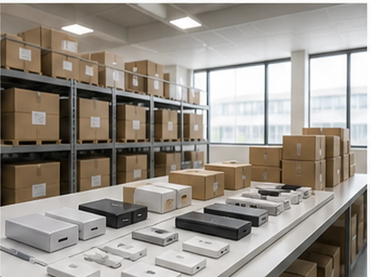 Organized export packing area with mobile accessories cartons and product samples