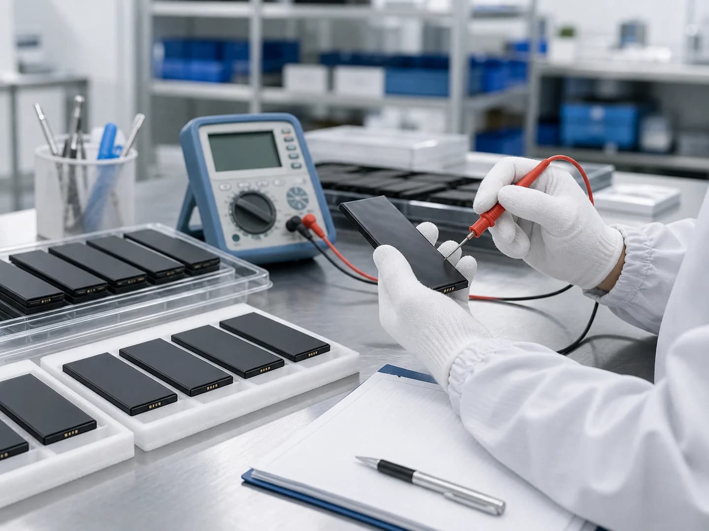 Quality control desk checking mobile accessories before export packing